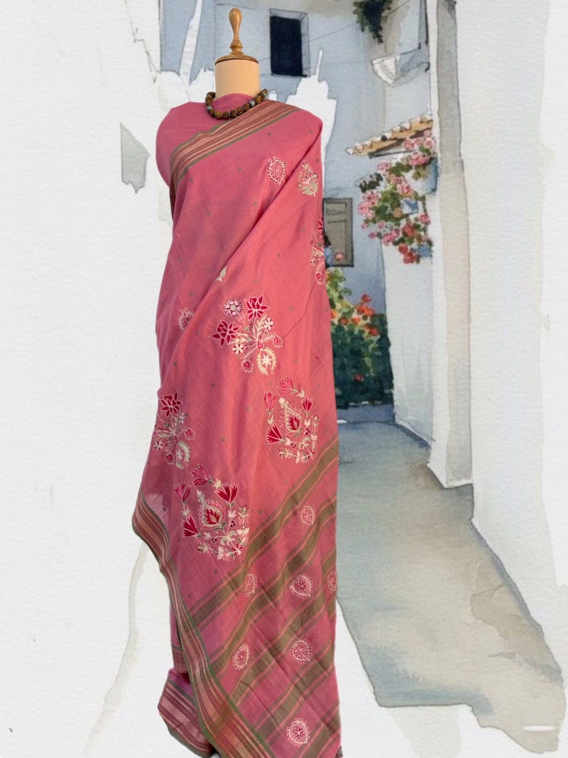 Ashapurna Pink & Green Embroidered Cotton Silk Saree