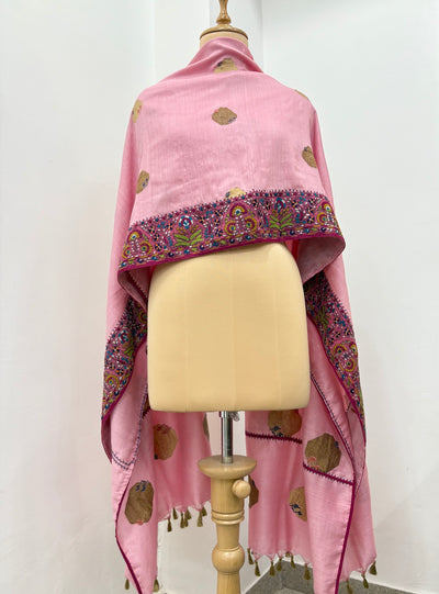 Damask Rose Pink Kashmiri Jamavar Matka Georgette Dupatta