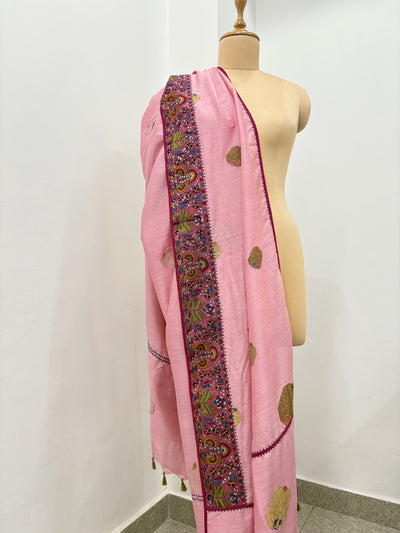 Damask Rose Pink Kashmiri Jamavar Matka Georgette Dupatta