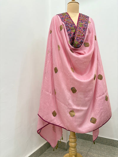 Damask Rose Pink Kashmiri Jamavar Matka Georgette Dupatta