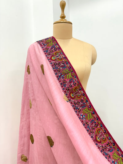 Damask Rose Pink Kashmiri Jamavar Matka Georgette Dupatta