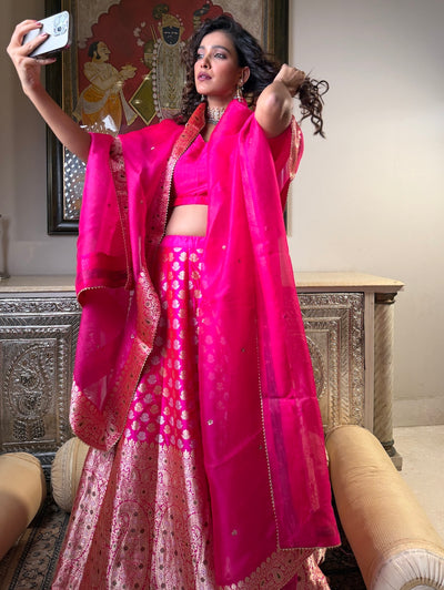 Pink Brocade Lehenga Dupatta Set