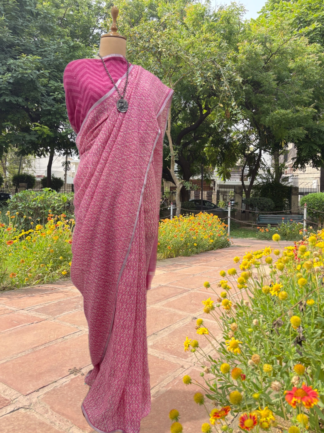 Primrose Pink Printed Linen Saree