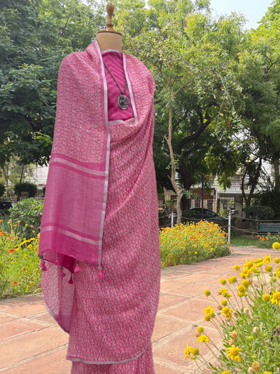 Primrose Pink Printed Linen Saree