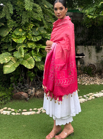 Dancing Peacock Pink Silk Dupatta