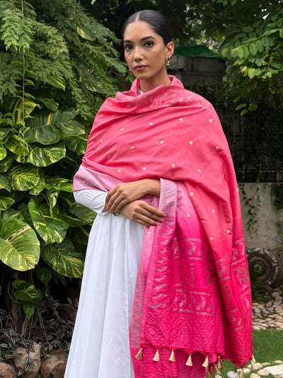 Dancing Peacock Pink Silk Dupatta