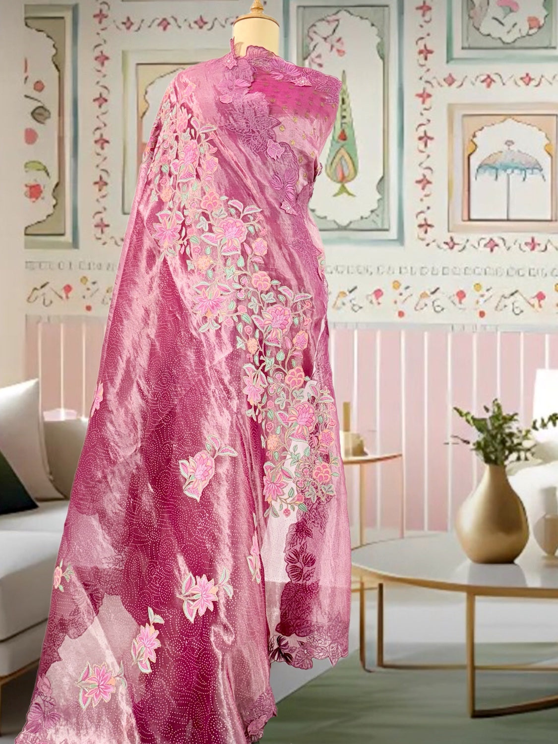 Windermere Pink Tissue Cutwork Saree