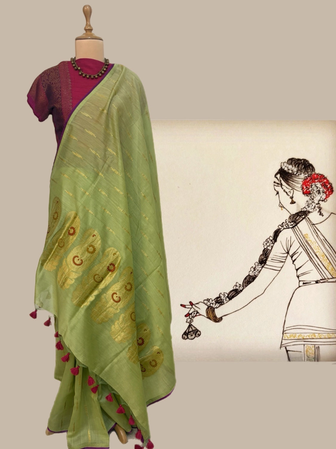 Pista Green & Rani Pink Cotton Jamdani Saree