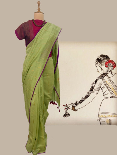 Pista Green & Rani Pink Cotton Jamdani Saree