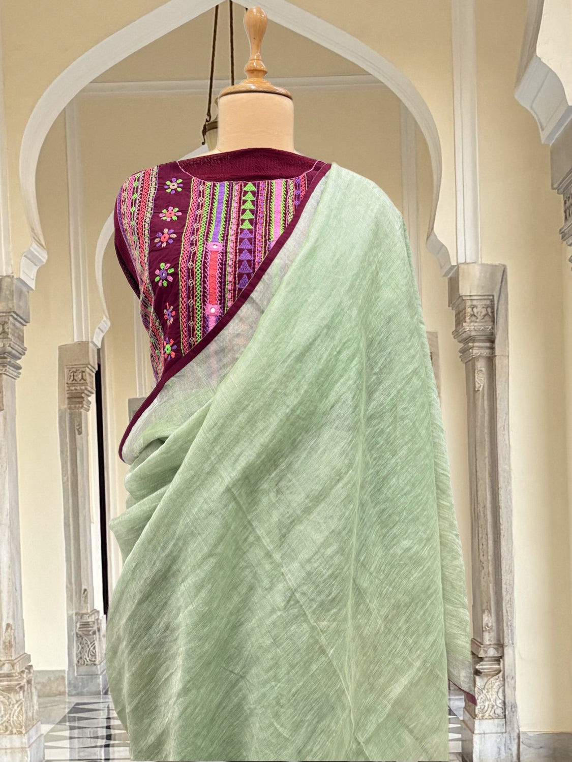 Dharwad Pista Green Tissue Linen Saree