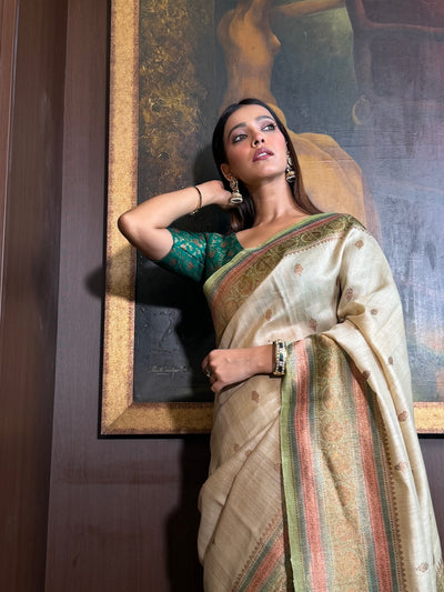 Abhisarika Beige Tussar Silk Saree