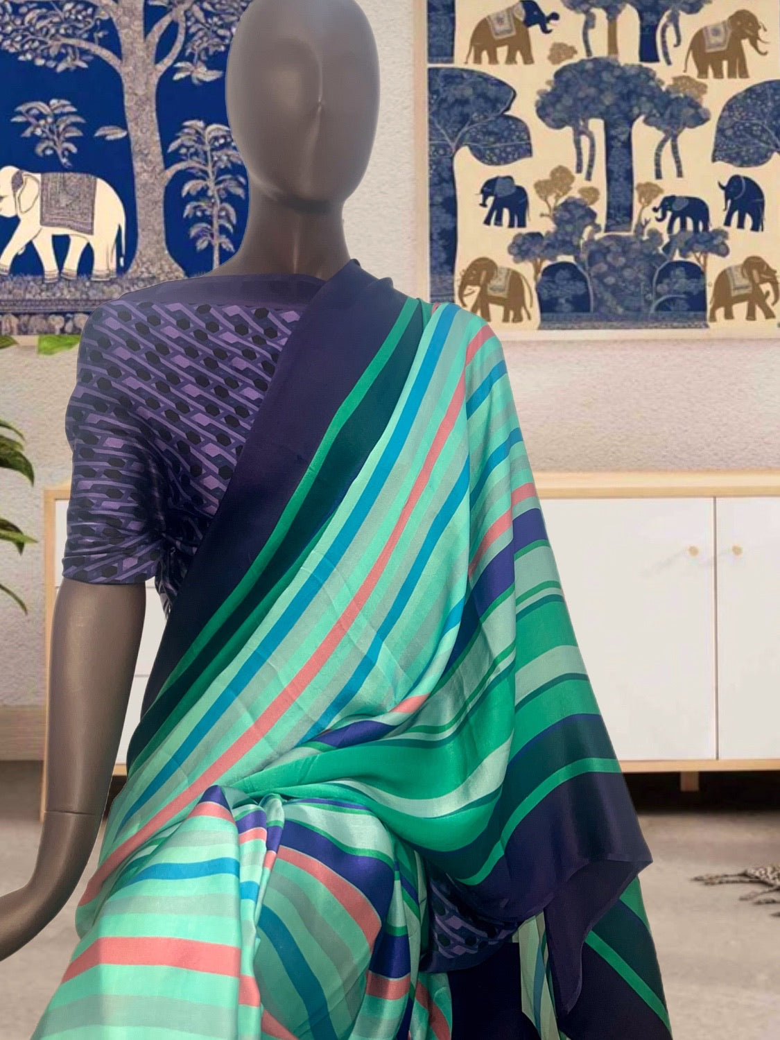 Avanti Blue Printed Satin Silk Saree