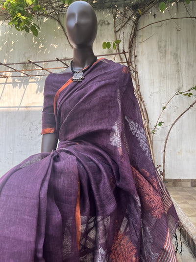 Anadi Berry Purple Linen Saree