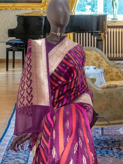 Swirling Merlot Purple Organza Saree