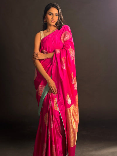 Carnation Pink Satin Crepe Saree