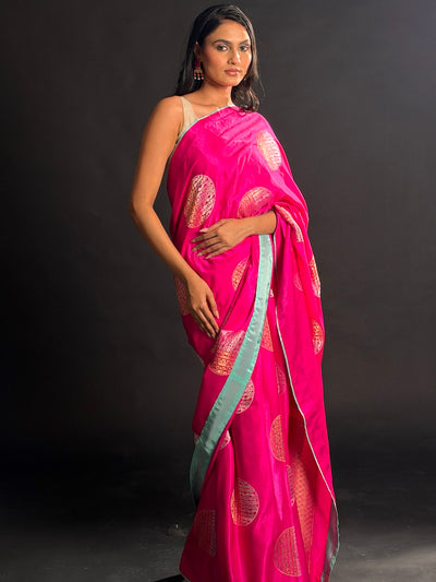 Carnation Pink Satin Crepe Saree