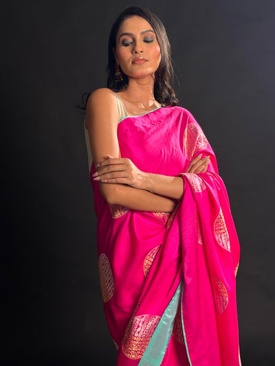 Carnation Pink Satin Crepe Saree