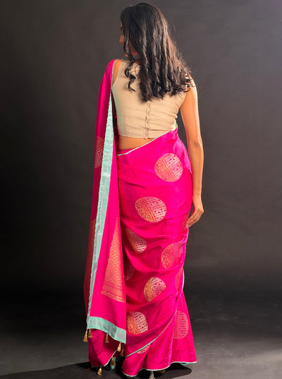 Carnation Pink Satin Crepe Saree