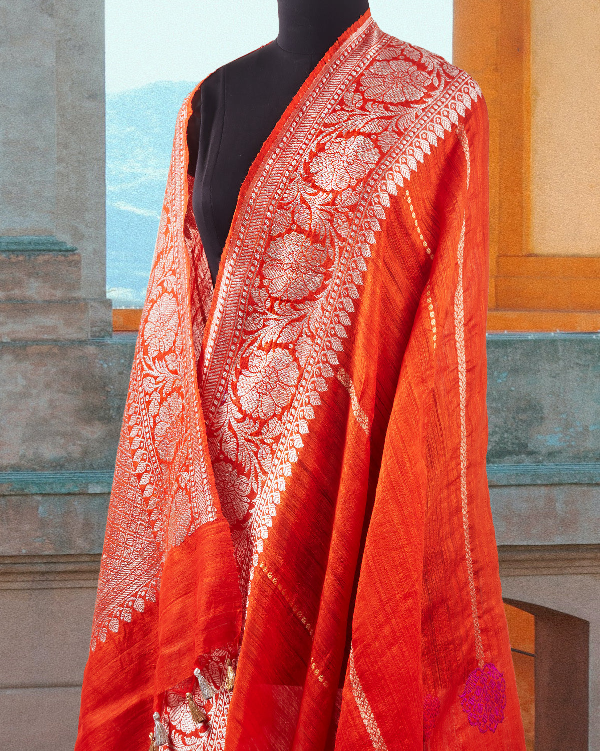 Bandanwar Orange Tussar Silk Saree