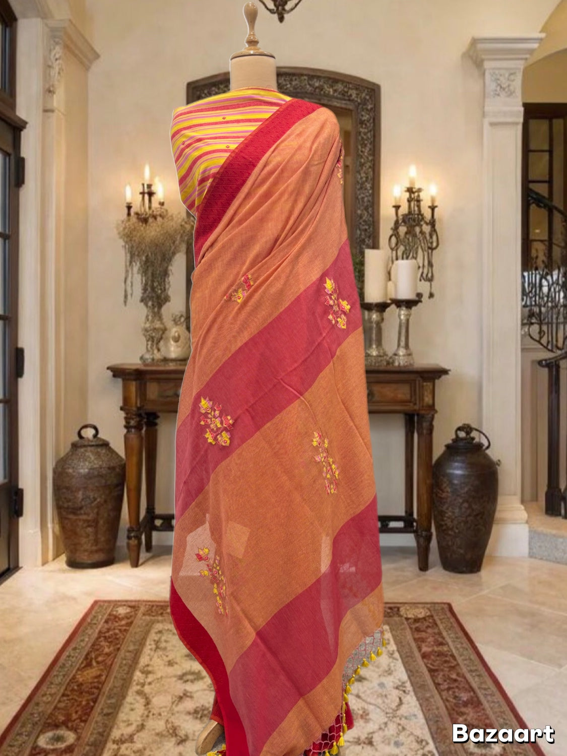 Chitraa Red & Yellow Embroidered Cotton Saree