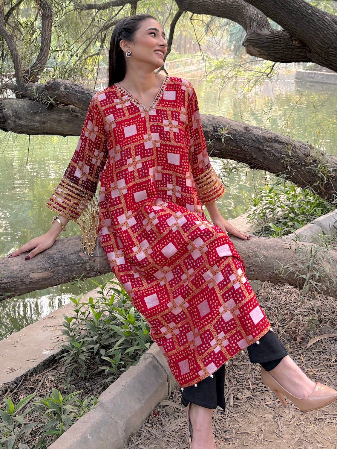 Red Bandhani Kurta