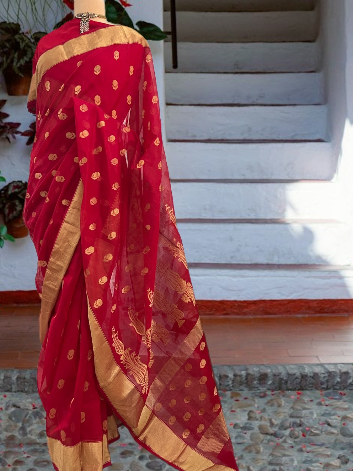 Devika Red Cotton Chanderi Saree