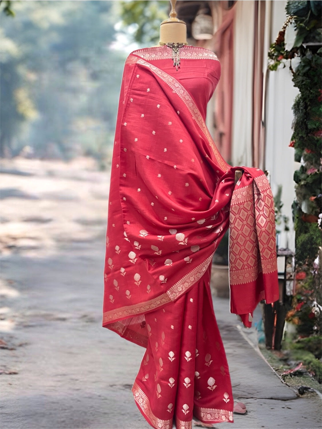 Imara Red Chinya Silk Saree