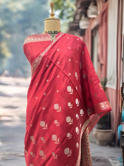 Imara Red Chinya Silk Saree