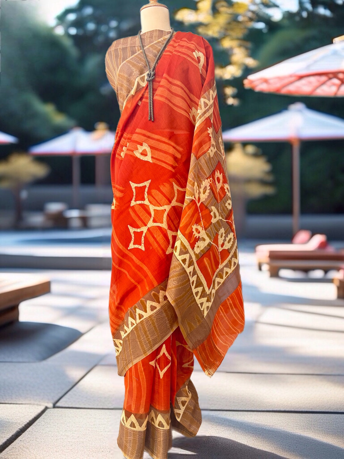 Dilwara Red Cotton Daboo Batik Saree