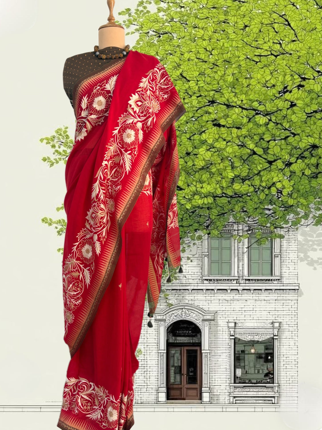 Baroque Red Embroidered Cotton Saree