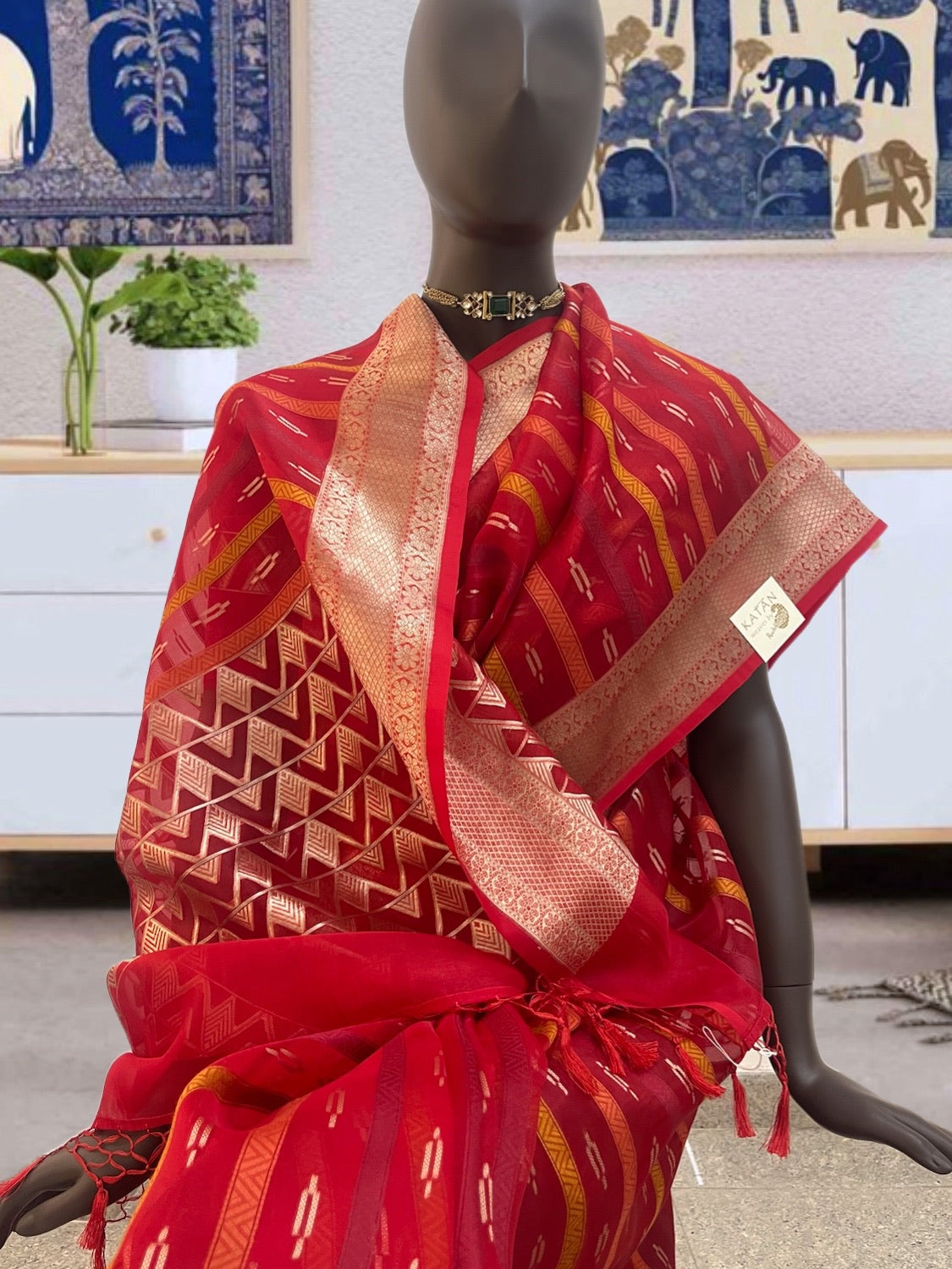 Smeared Vermillion Red Organza Saree
