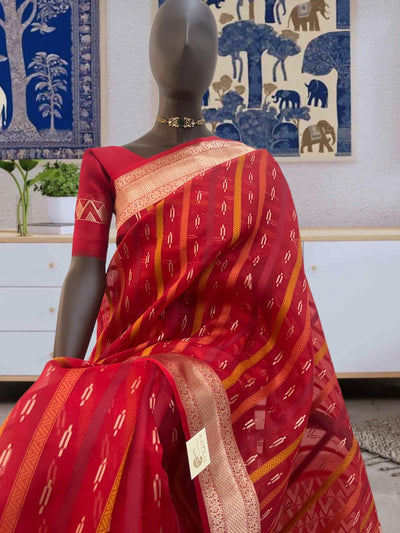 Smeared Vermillion Red Organza Saree