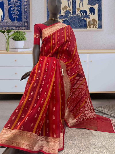 Smeared Vermillion Red Organza Saree