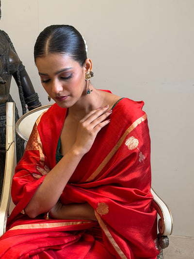 Kishori Red Chinya Silk Sari