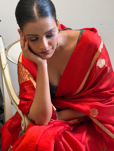 Kishori Red Chinya Silk Sari
