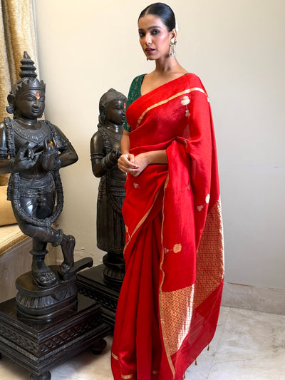 Kishori Red Chinya Silk Sari