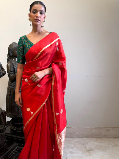 Kishori Red Chinya Silk Sari