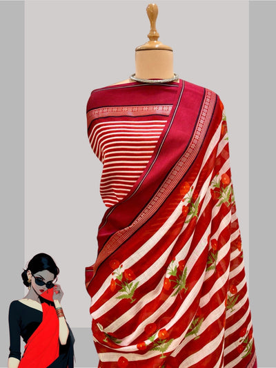 Raphael Red Printed Cotton Saree