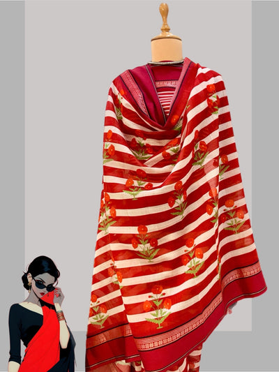 Raphael Red Printed Cotton Saree