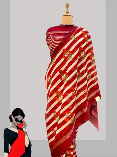 Raphael Red Printed Cotton Saree