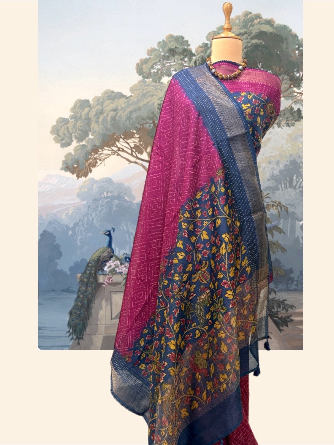 Nilgiri Ruby Pink & Blue Moonga Cotton Saree