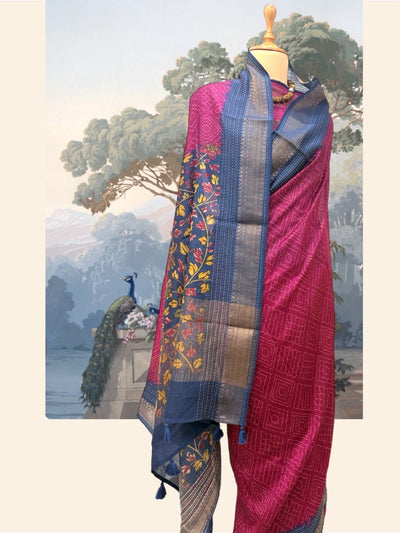 Nilgiri Ruby Pink & Blue Moonga Cotton Saree
