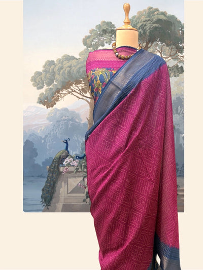 Nilgiri Ruby Pink & Blue Moonga Cotton Saree