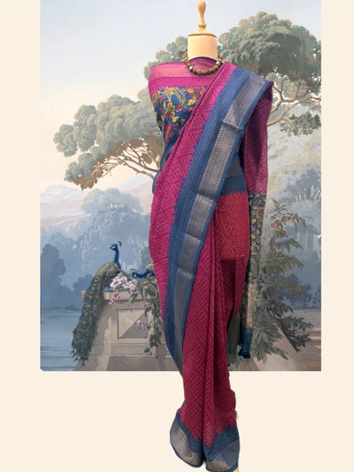 Nilgiri Ruby Pink & Blue Moonga Cotton Saree