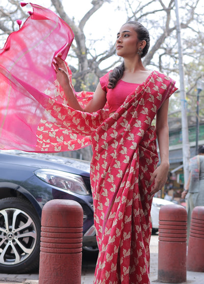 Masakali Ruby Red Printed Cotton Saree