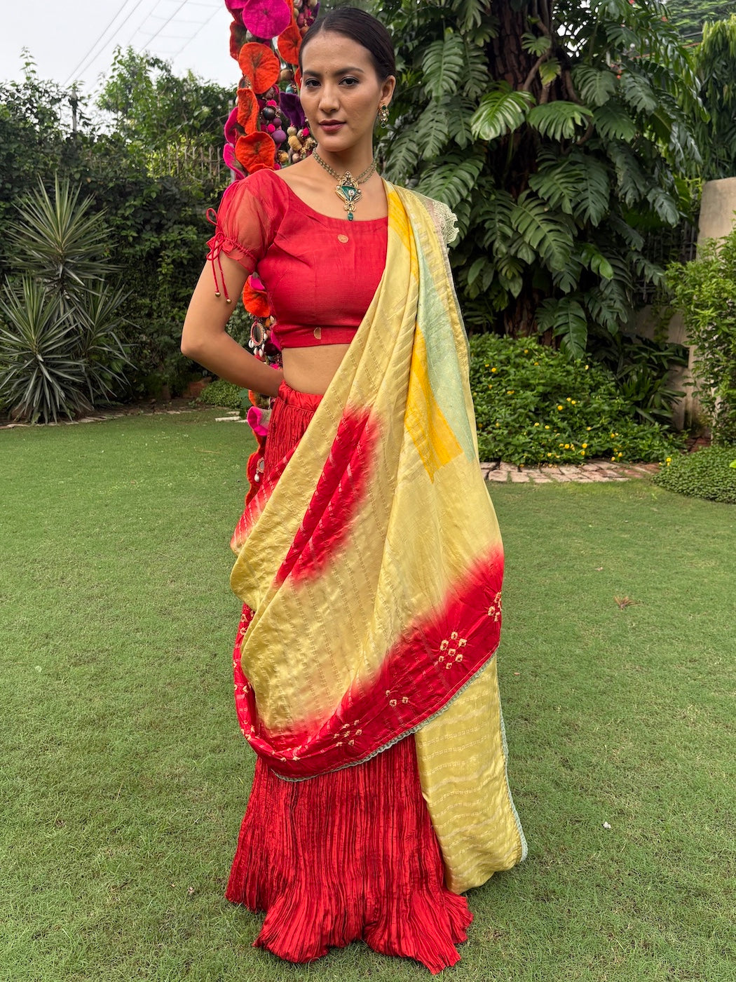 Rust & Mehendi Lehenga Saree Set