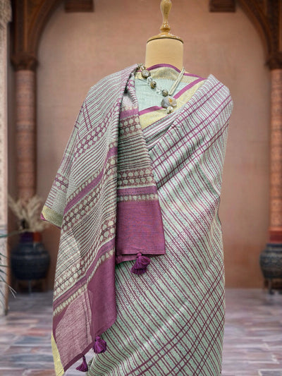 Capri Sea blue Moonga Cotton Printed Saree