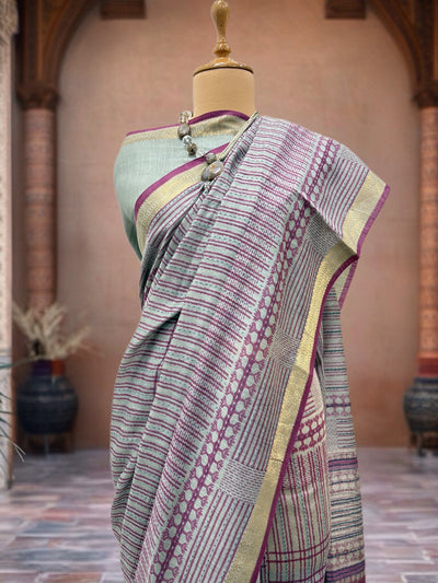 Capri Sea blue Moonga Cotton Printed Saree