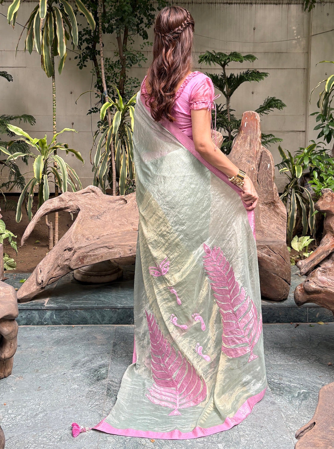 Tree of Life Sea Green chiffon tissue Saree