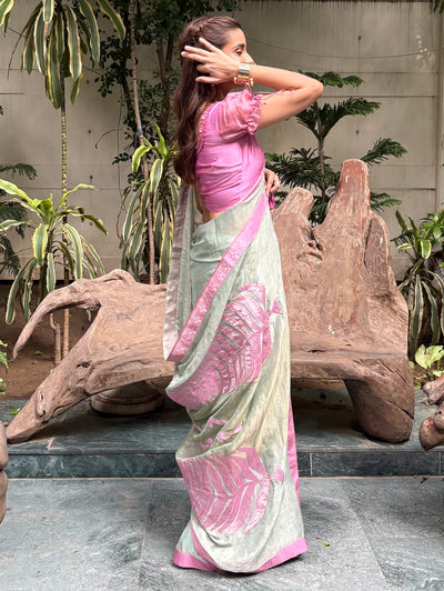 Tree of Life Sea Green chiffon tissue Saree